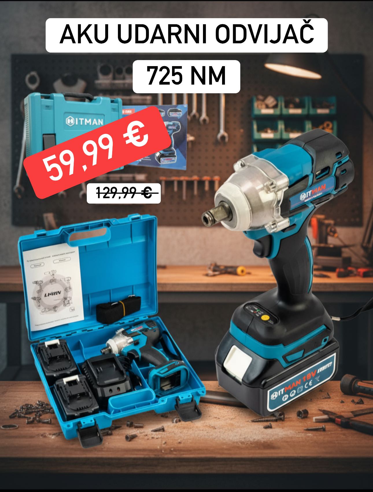 Aku rázový utahovák – 725 Nm + 2 baterie