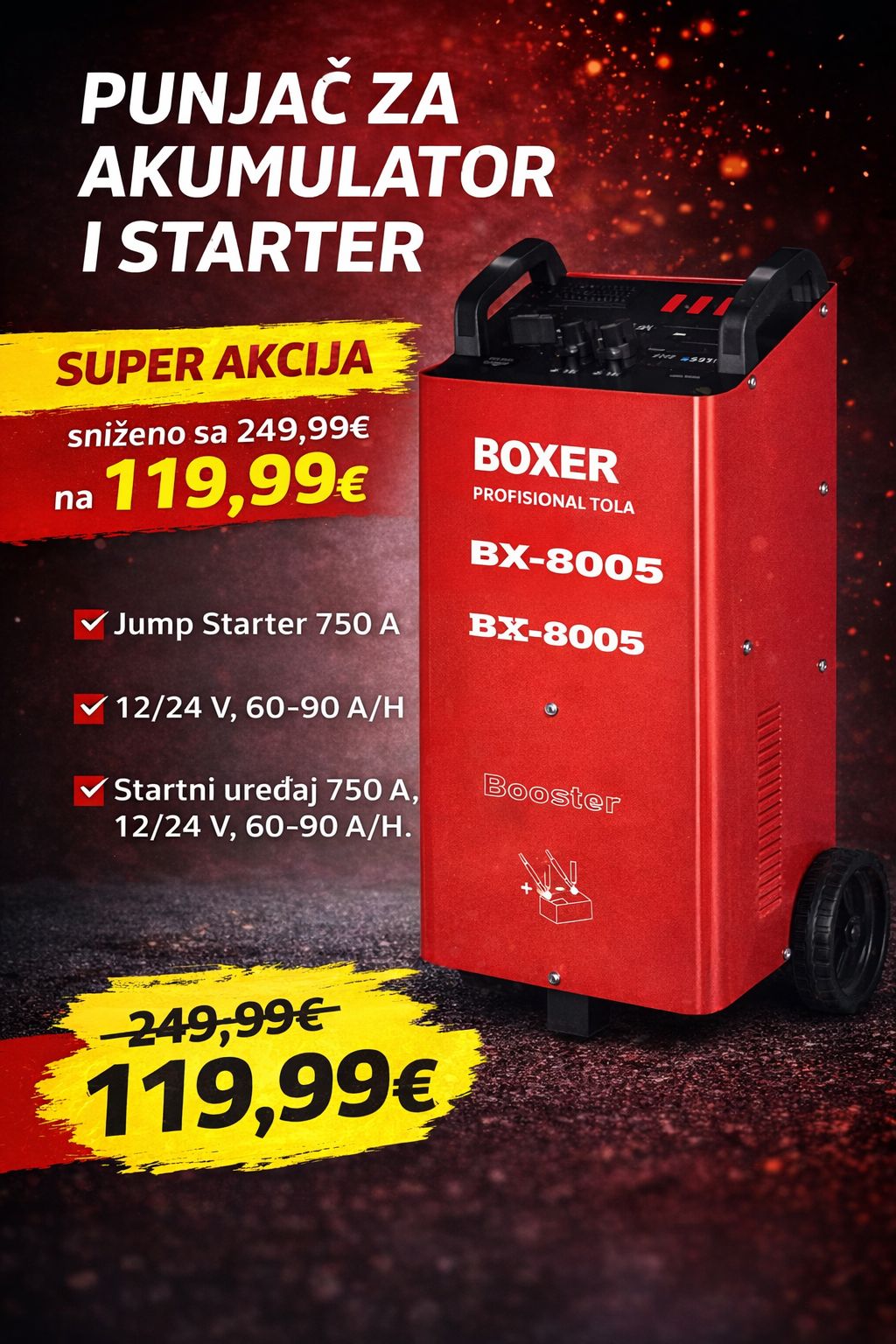 Boxer BX-8005 Nabíječka autobaterií a startovací booster 12/24V 750A