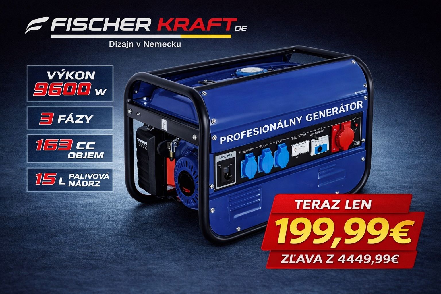 Elektrocentrála Fischer Kraft FS-9600W, Trojfázová, 163cc – Profesionálny Generátor