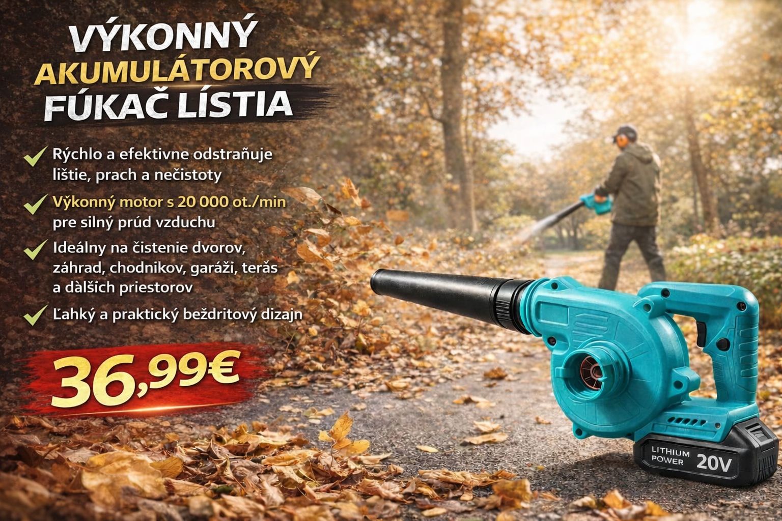 Akumulátorový fúkač lístia 20V – Bezdrôtový záhradný fúkač