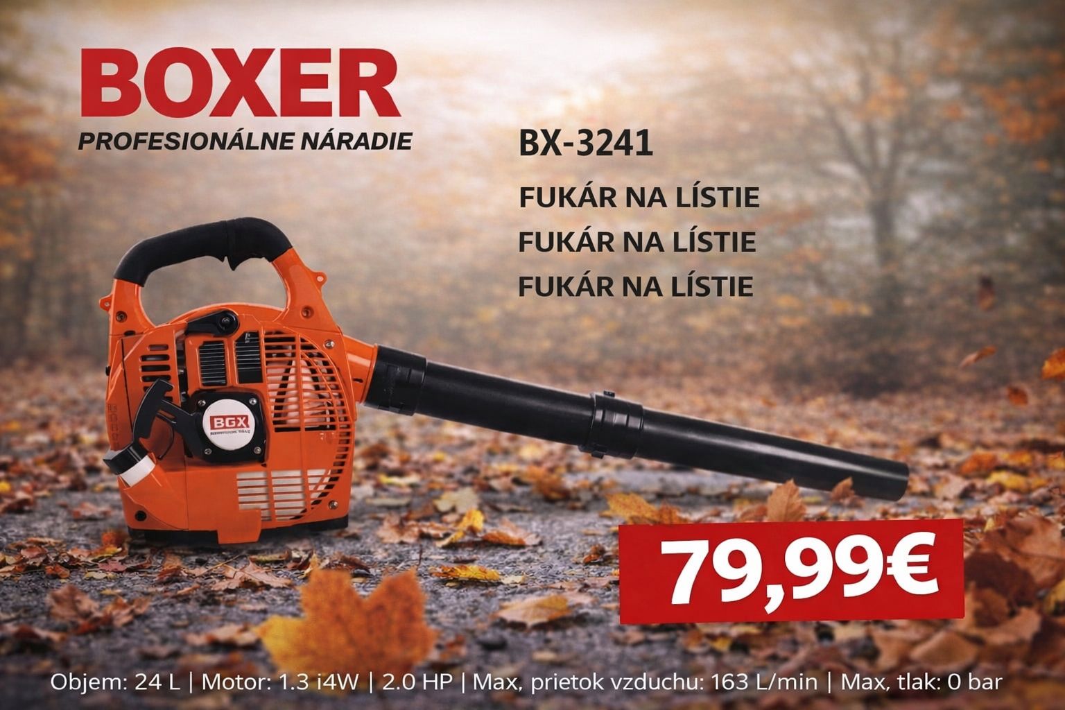 BOXER BX-3241 Benzínový fúkač lístia – Profesionálny záhradný fúkač 2.0 HP