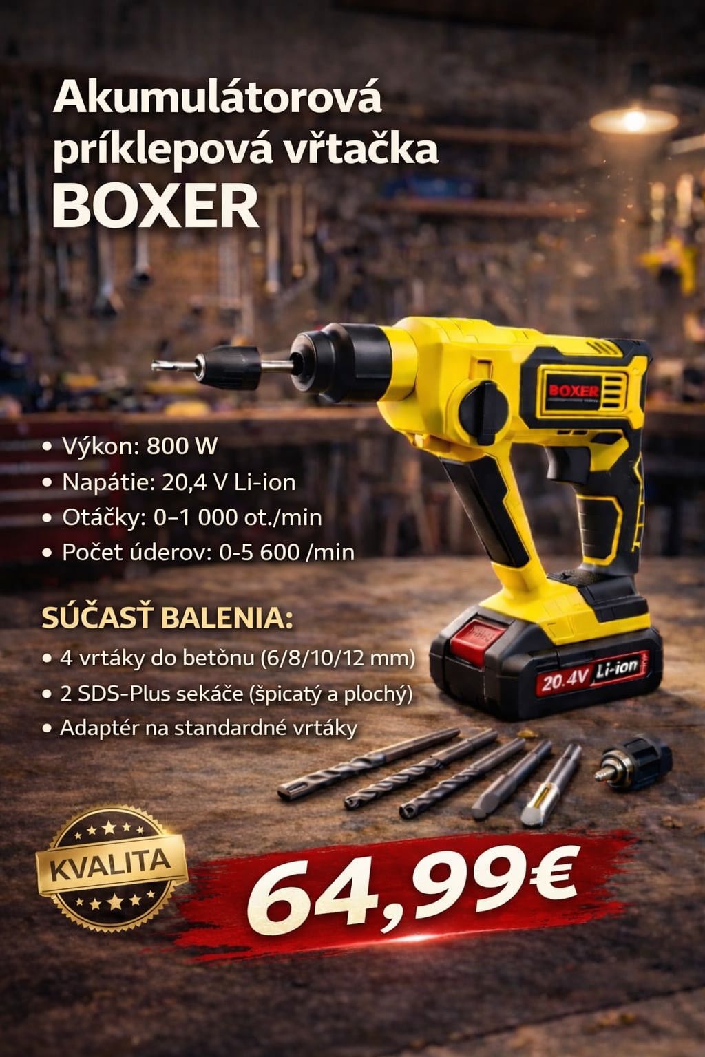 BOXER Aku príklepová vŕtačka 20.4V Li-ion – 800W set so SDS vrtákmi a sekáčmi