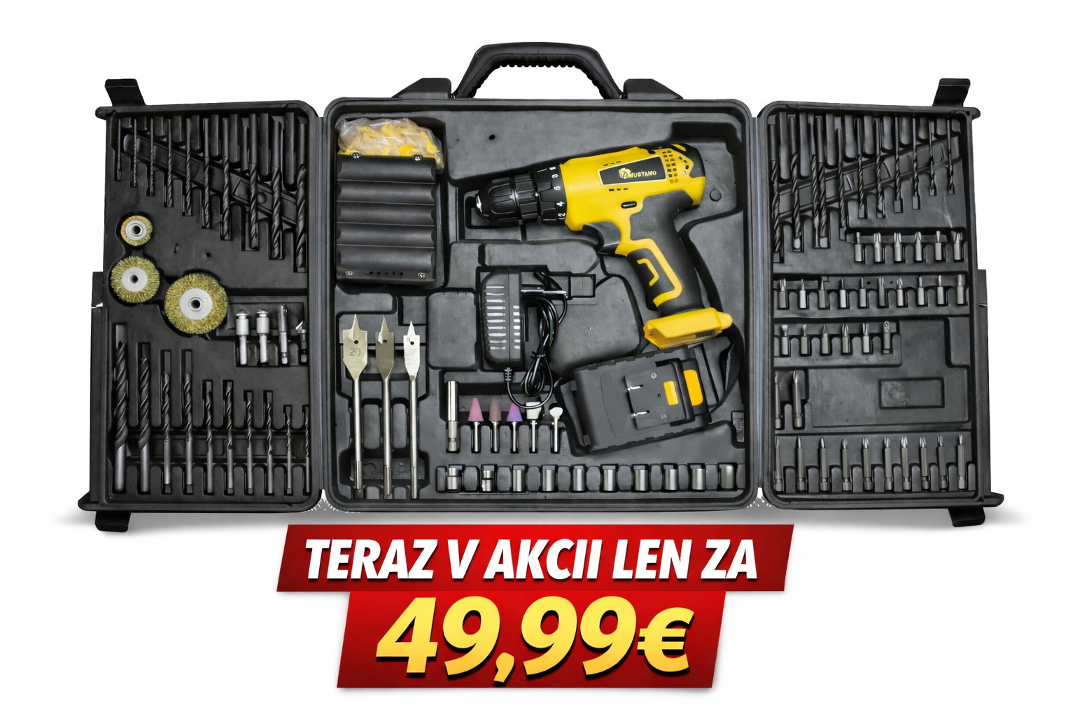 Akumulátorová vŕtačka – Sada náradia v kufríku 100+ ks