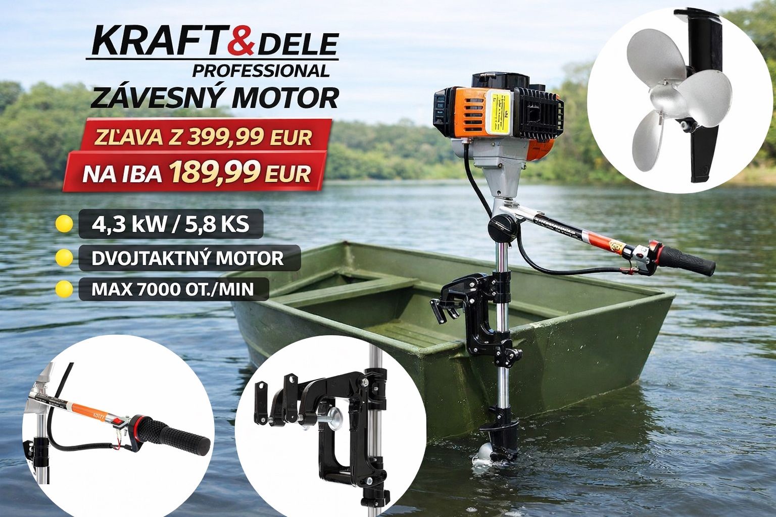 Lodný motor KRAFT&DELE KD177 5.8HP (4.3kW) – Dvojtaktný závesný motor pre malé člny