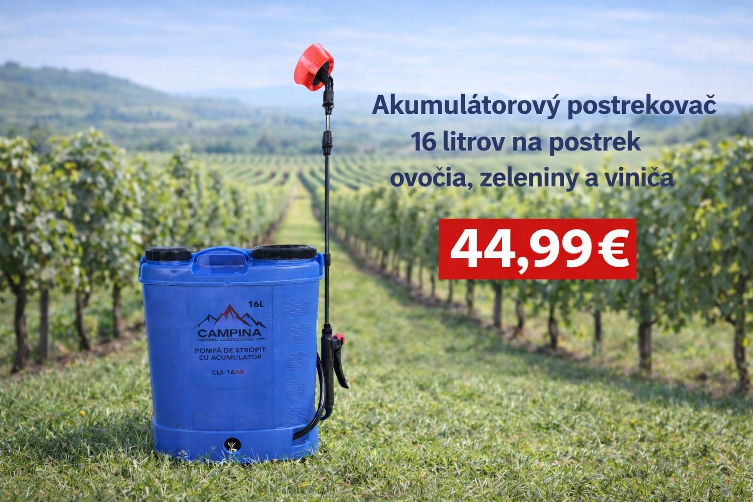 Akumulátorový postrekovač 16L na ovocie, zeleninu a vinič