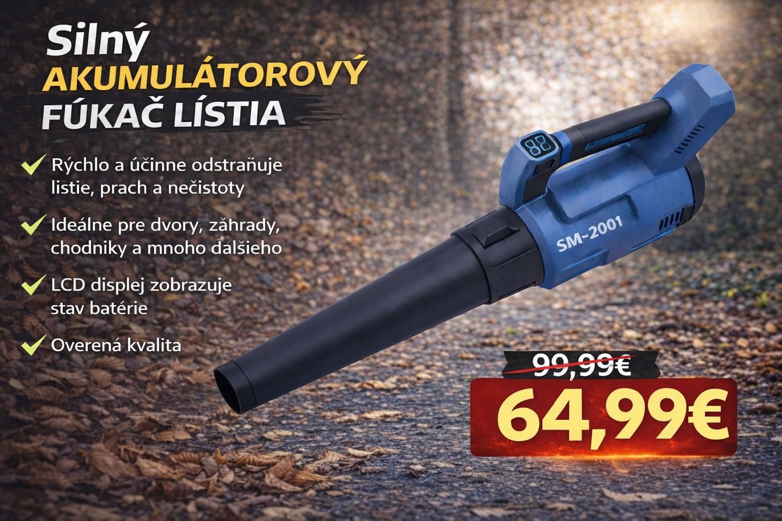 Akumulátorový fúkač lístia SM-2001 s LCD displejom – výkonný bezdrôtový fúkač pre dvor a záhradu
