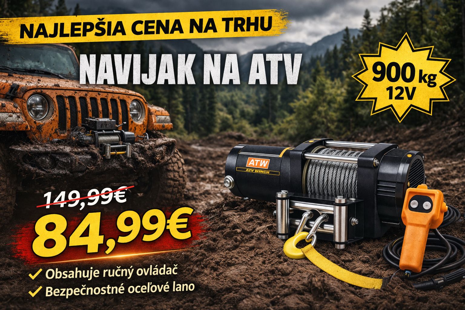 ATV Elektrický navijak 900 kg 12V – Navijak pre štvorkolky a off-road vozidlá