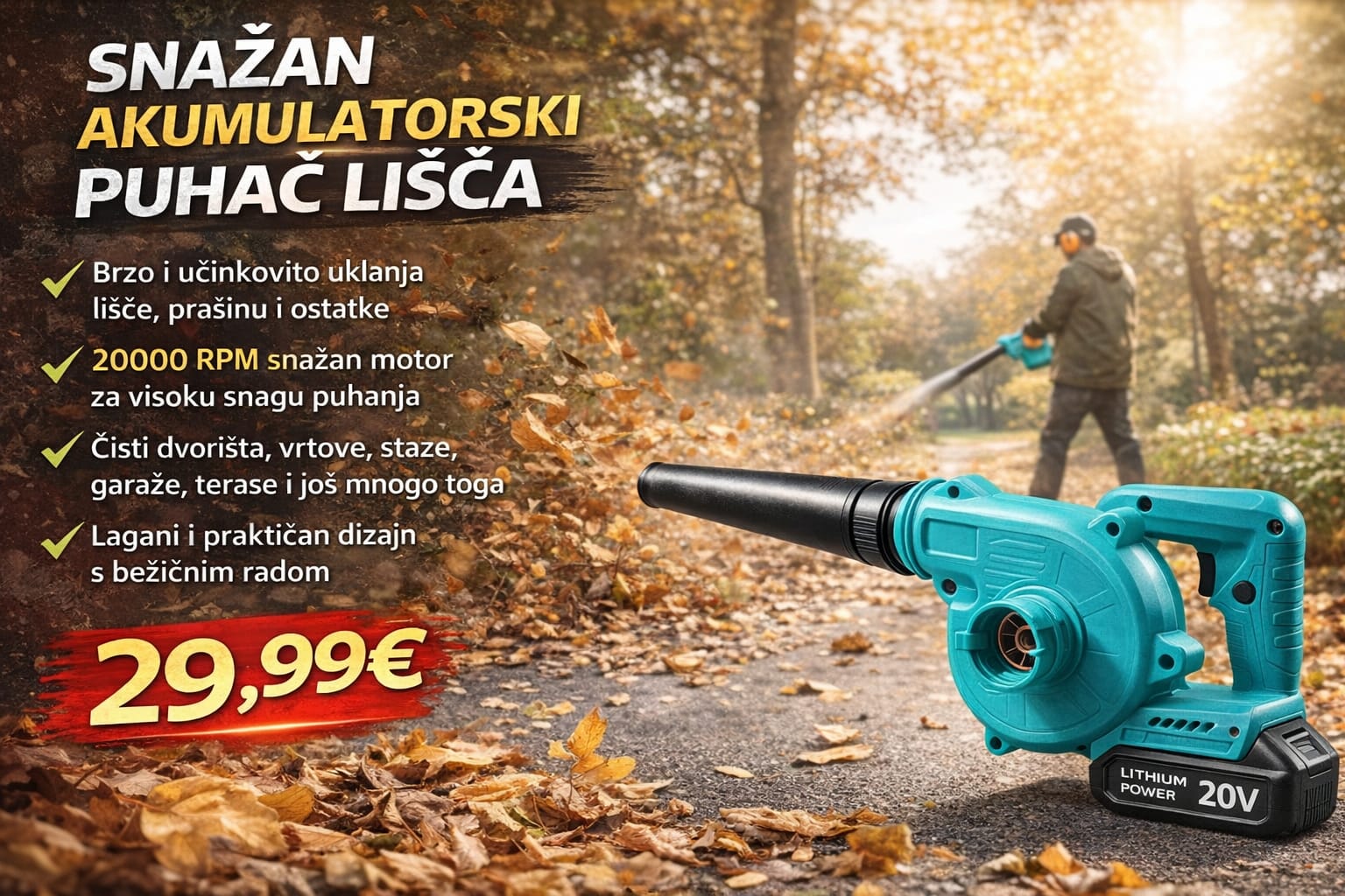 Akumulatorski Puhač Lišća 20V – Bežični Puhač za Dvorište i Vrt
