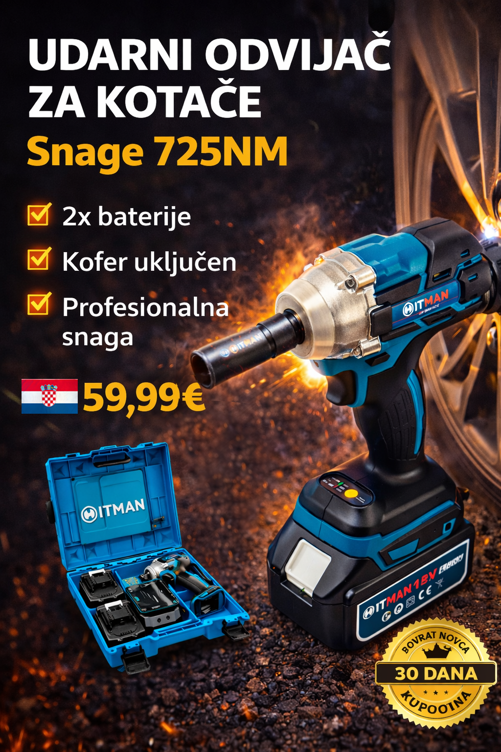 AKU UDARNI ODVIJAČ - 725 Nm sa 2 x Baterije