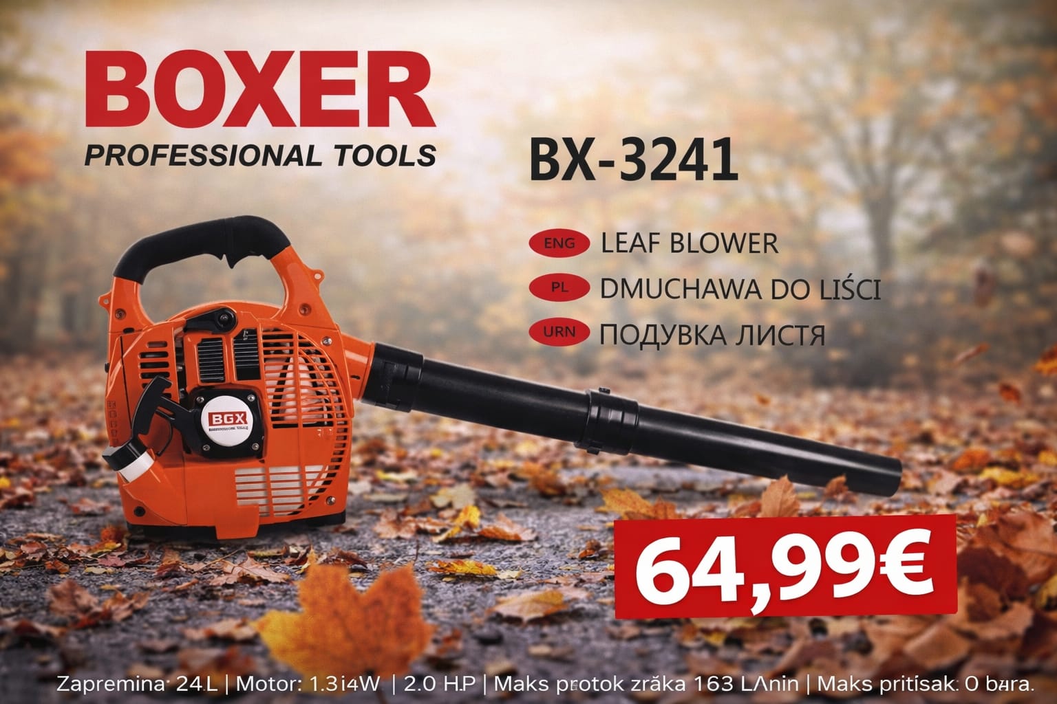 BOXER BX-3241 Benzinski puhač lišća – Profesionalni vrtni puhač 2.0 HP