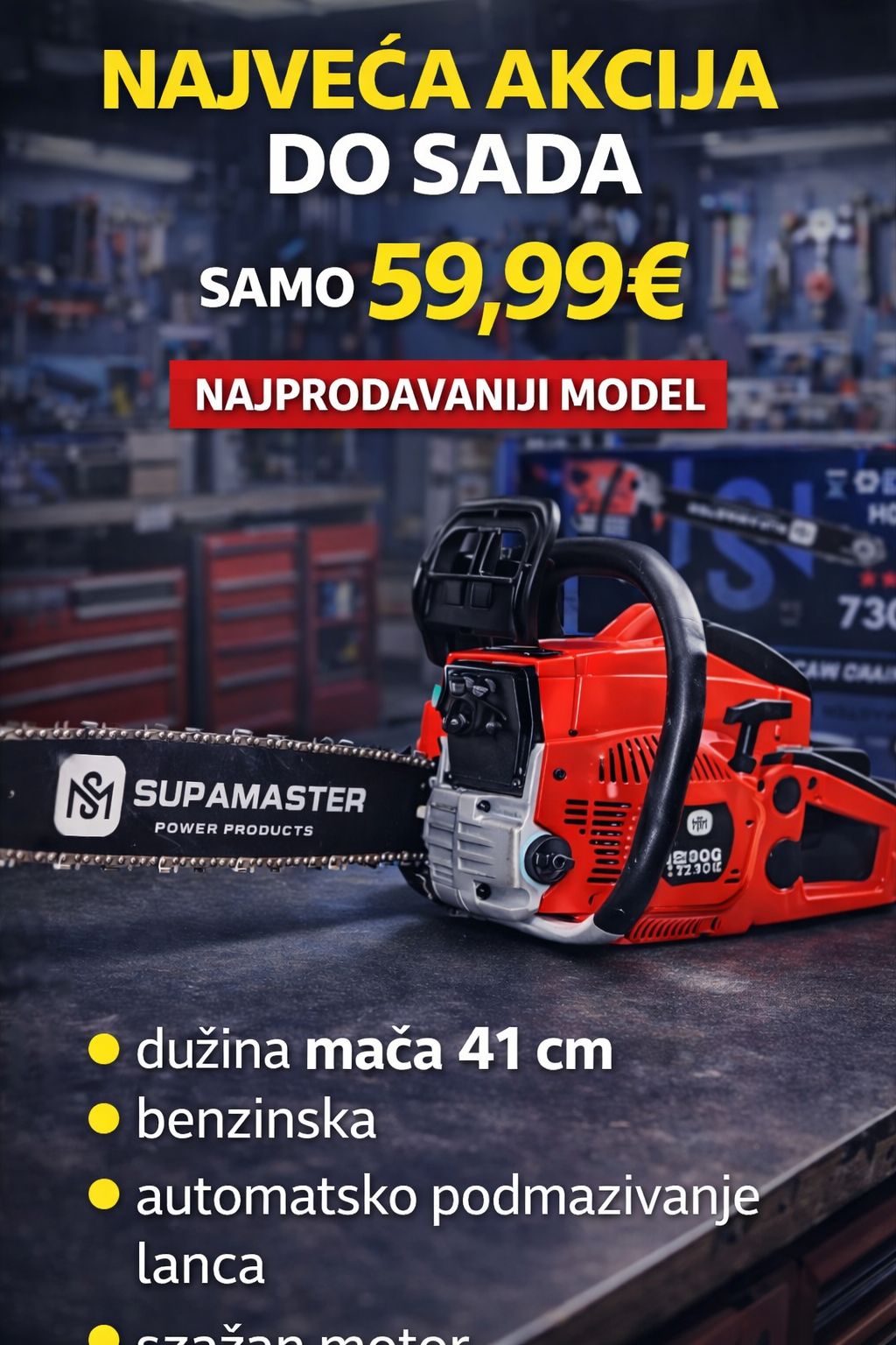 Motorna Pila SUPAMASTER 41 cm – Snažna i Pouzdana Pila za Drvo