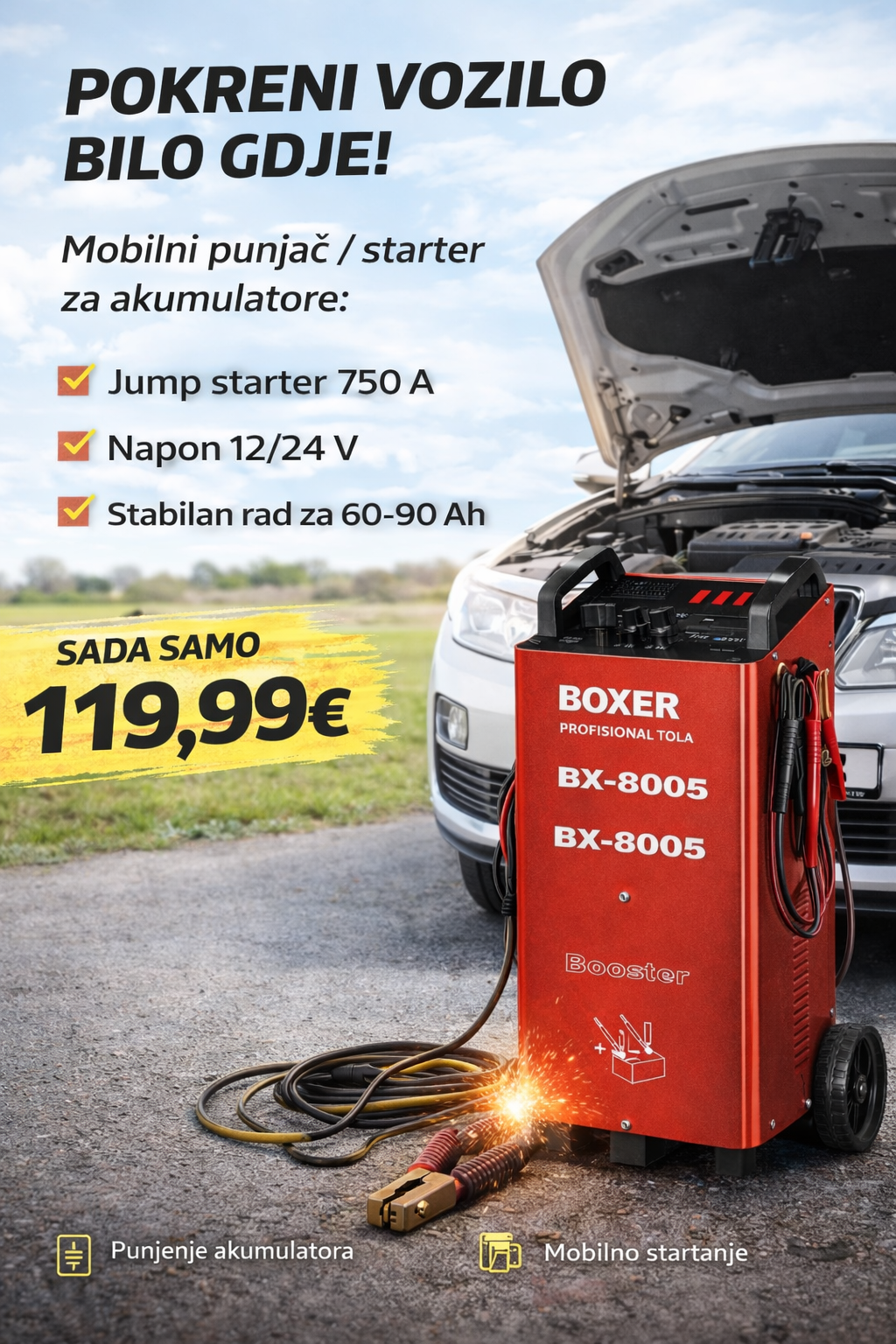 Punjač za akumulator i starter 12/24V 750A – mobilni uređaj za pokretanje vozila