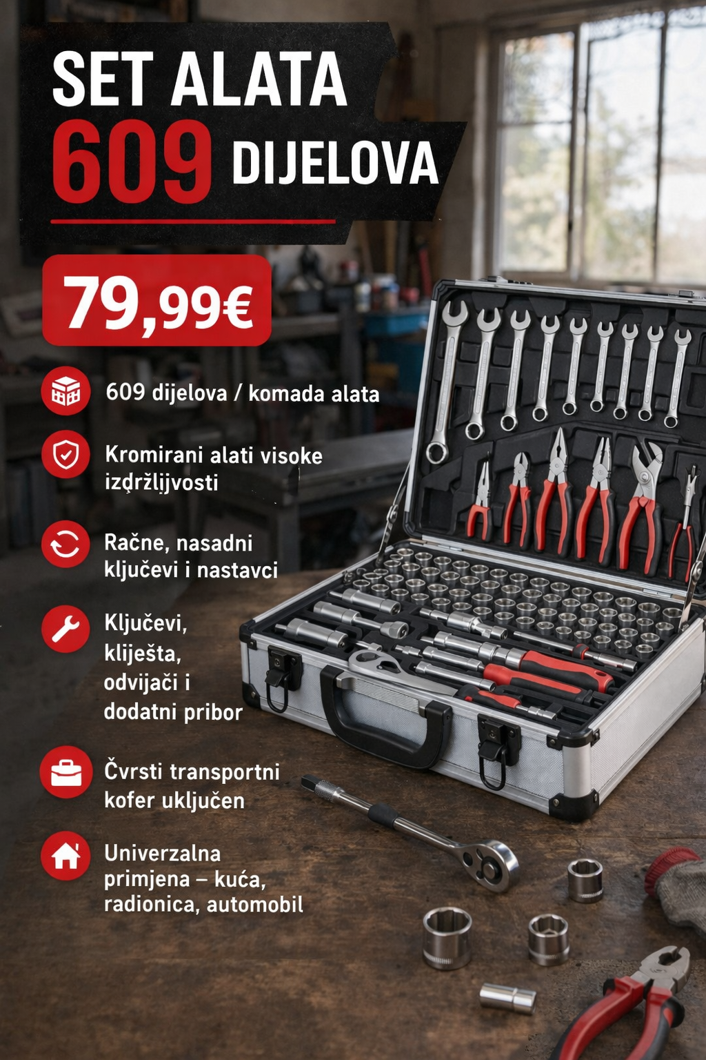 Set alata 609 dijelova – univerzalni profesionalni komplet u aluminijskom koferu
