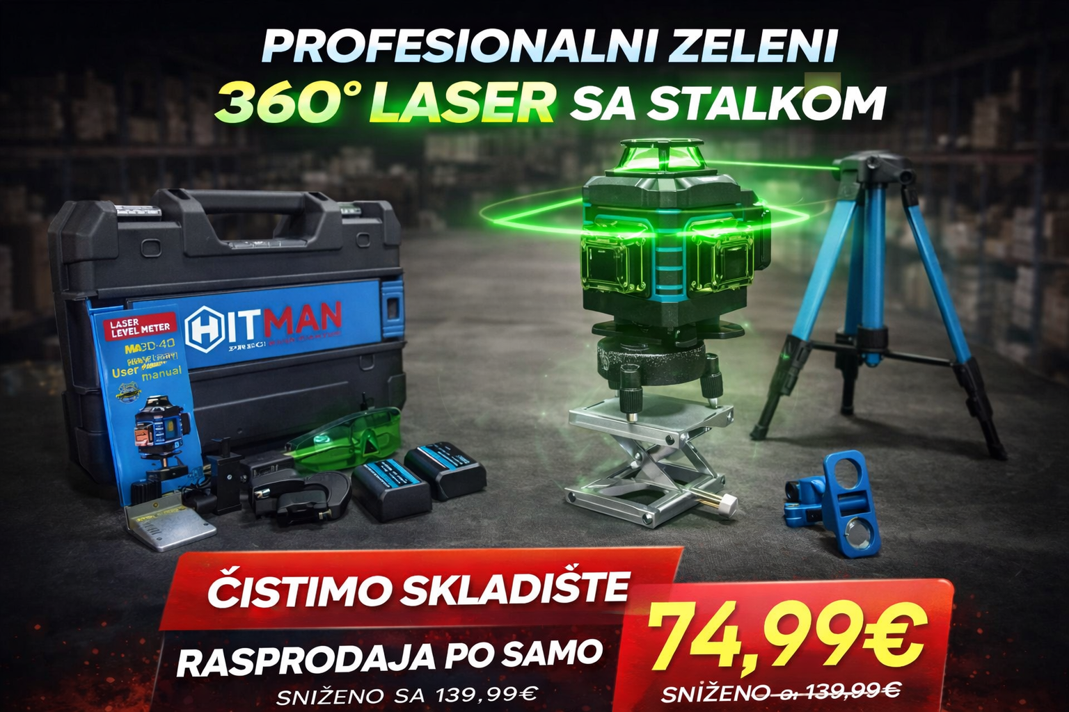 Profesionalni zeleni laser sa postoljem i stativom