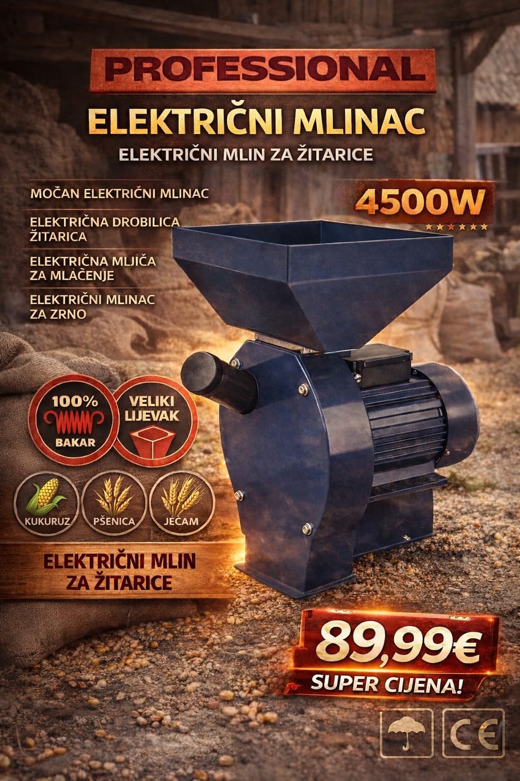 Profesionalni Električni Mlin za Žitarice 4500W – Mlinac za Kukuruz, Pšenicu i Ječam