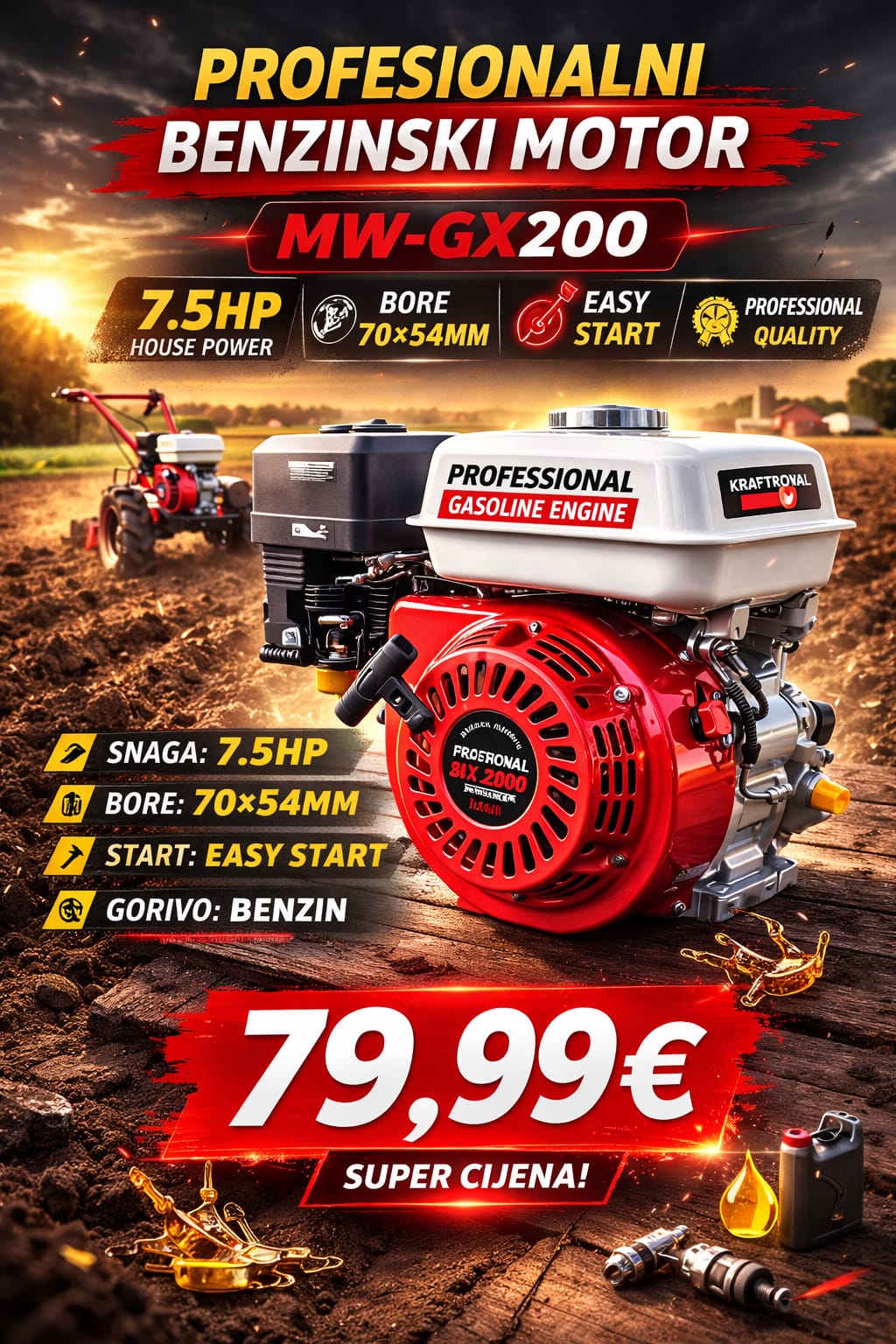 Profesionalni Benzinski Motor MW-GX200 – 7.5HP Univerzalni Motor