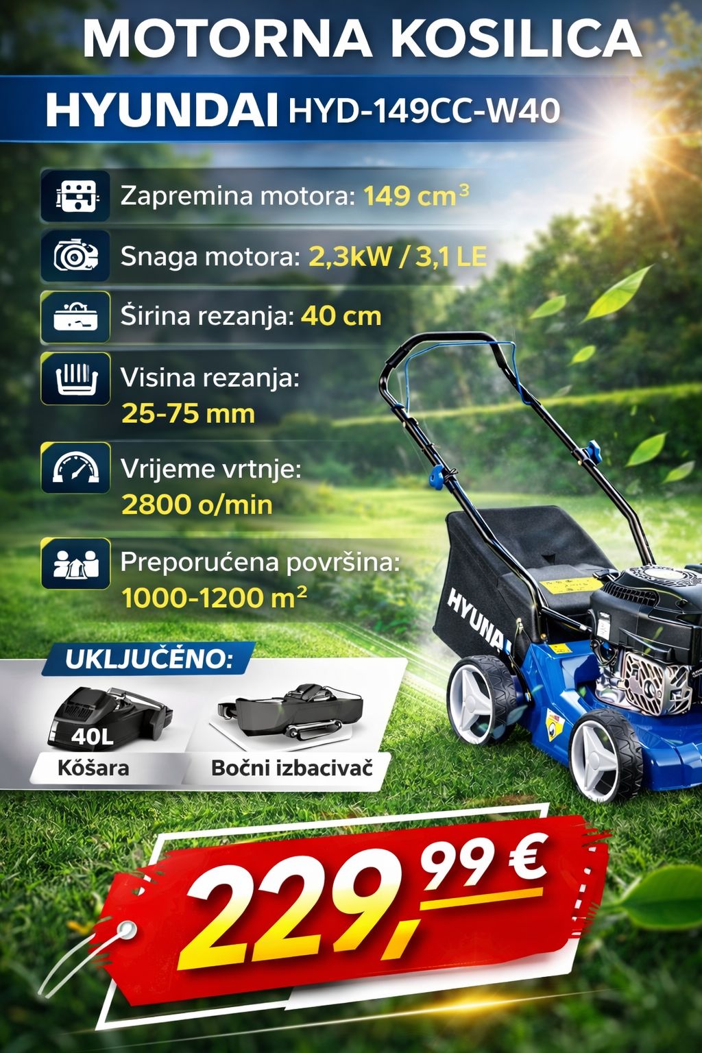 Motorna kosilica Hyundai HYD-149CC-W40 149cc 40cm