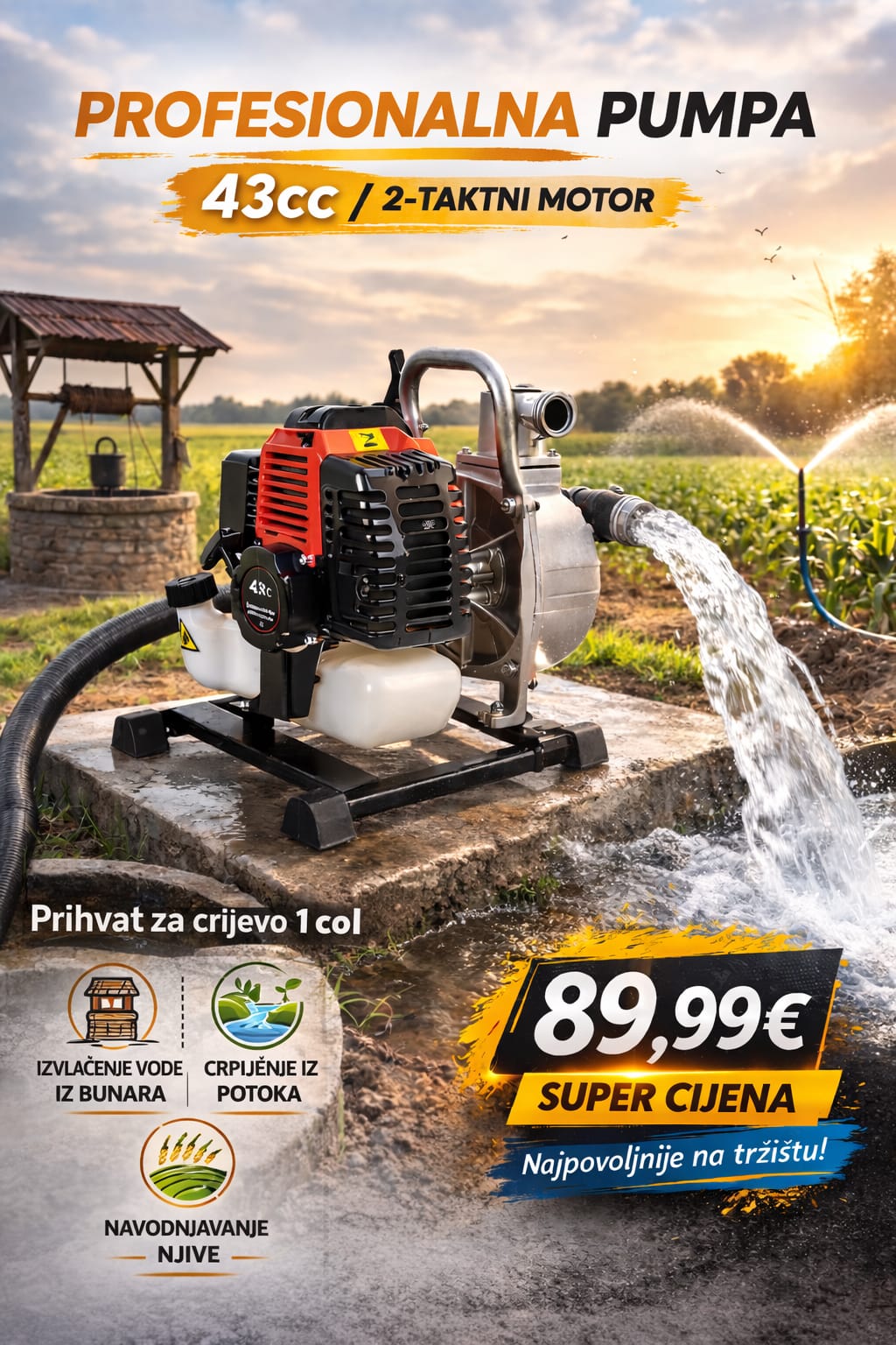 Benzinska Pumpa za Vodu 43cc 1 COL – 2-Taktna Motorna Pumpa