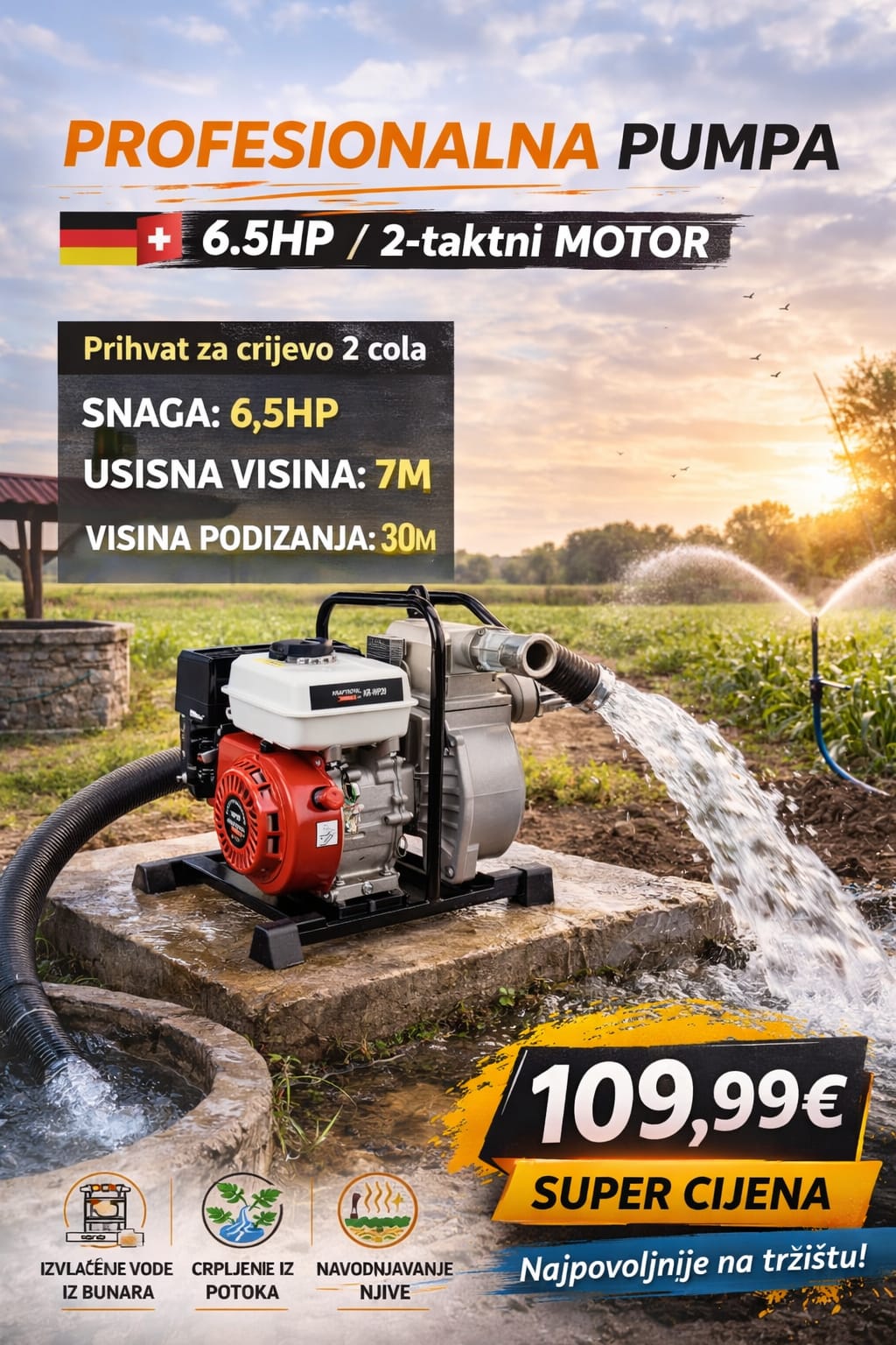 Benzinska Pumpa za Vodu 6.5HP – 2" Motorna Pumpa