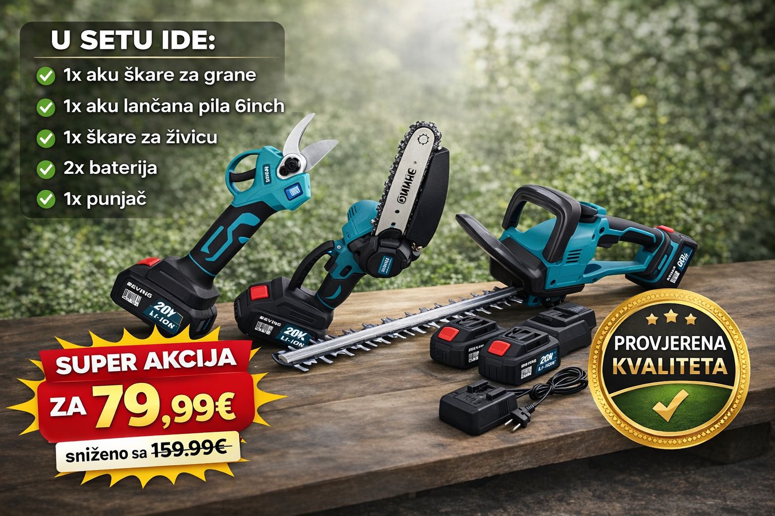 Aku vrtni set 3u1 – škare za grane, mini lančana pila 6” i škare za živicu + 2 baterije