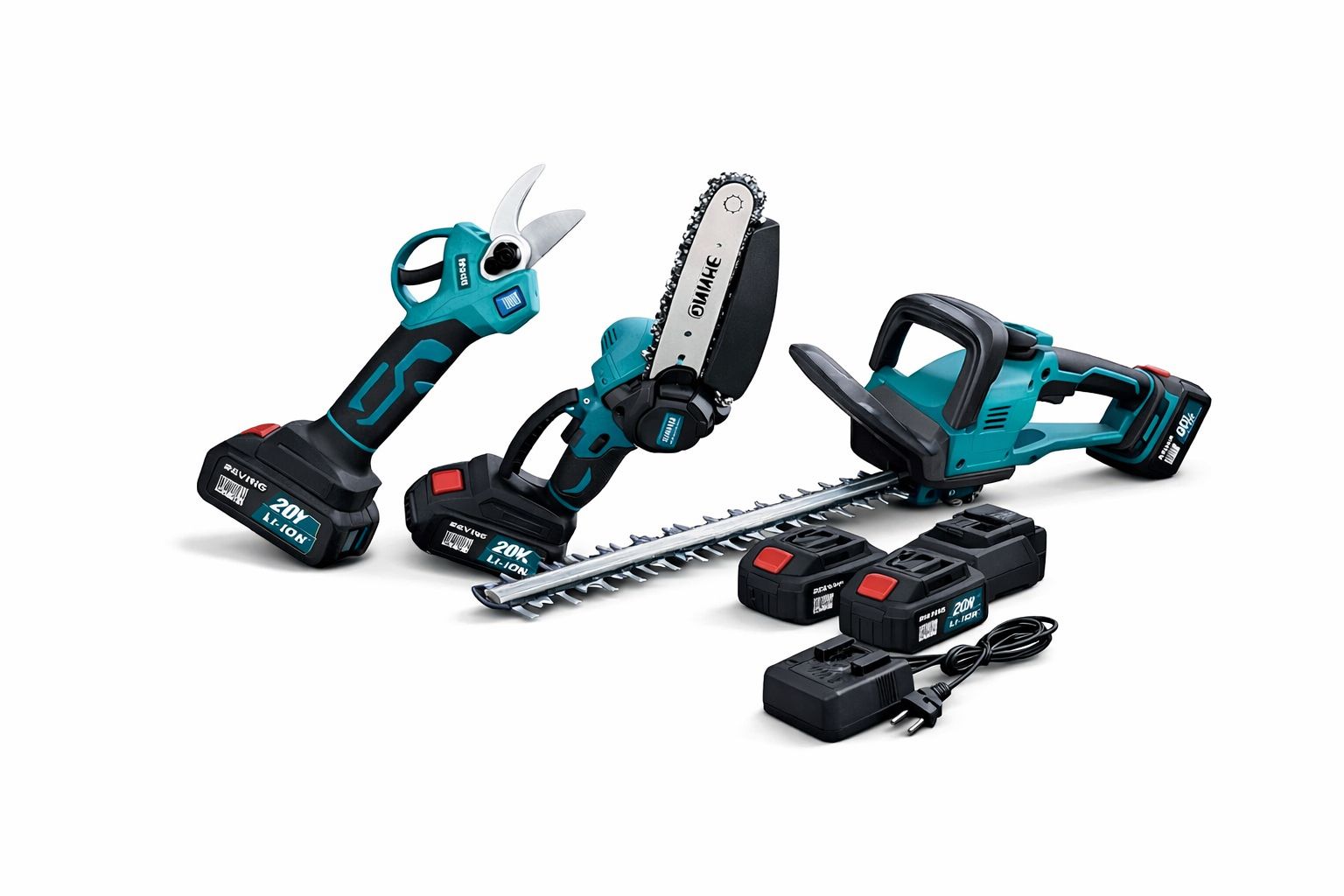 Aku vrtni set 3u1 – škare za grane, mini lančana pila 6” i škare za živicu + 2 baterije