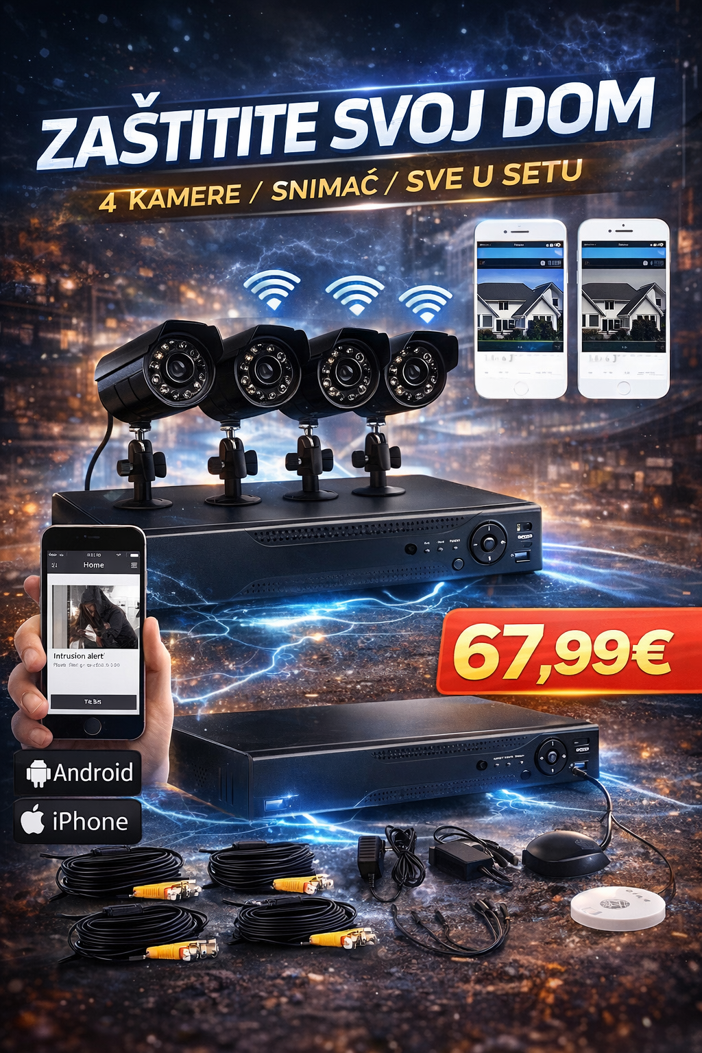 Set 4xFULL HD kamere+snimač 24/7